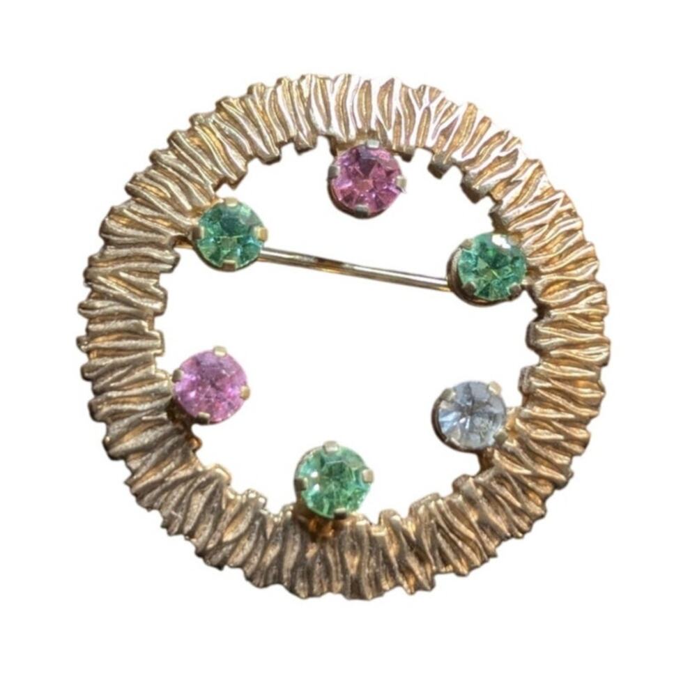 Vintage Signed ANSON Karatclad Rhinestone Goldtone Wreath Brooch